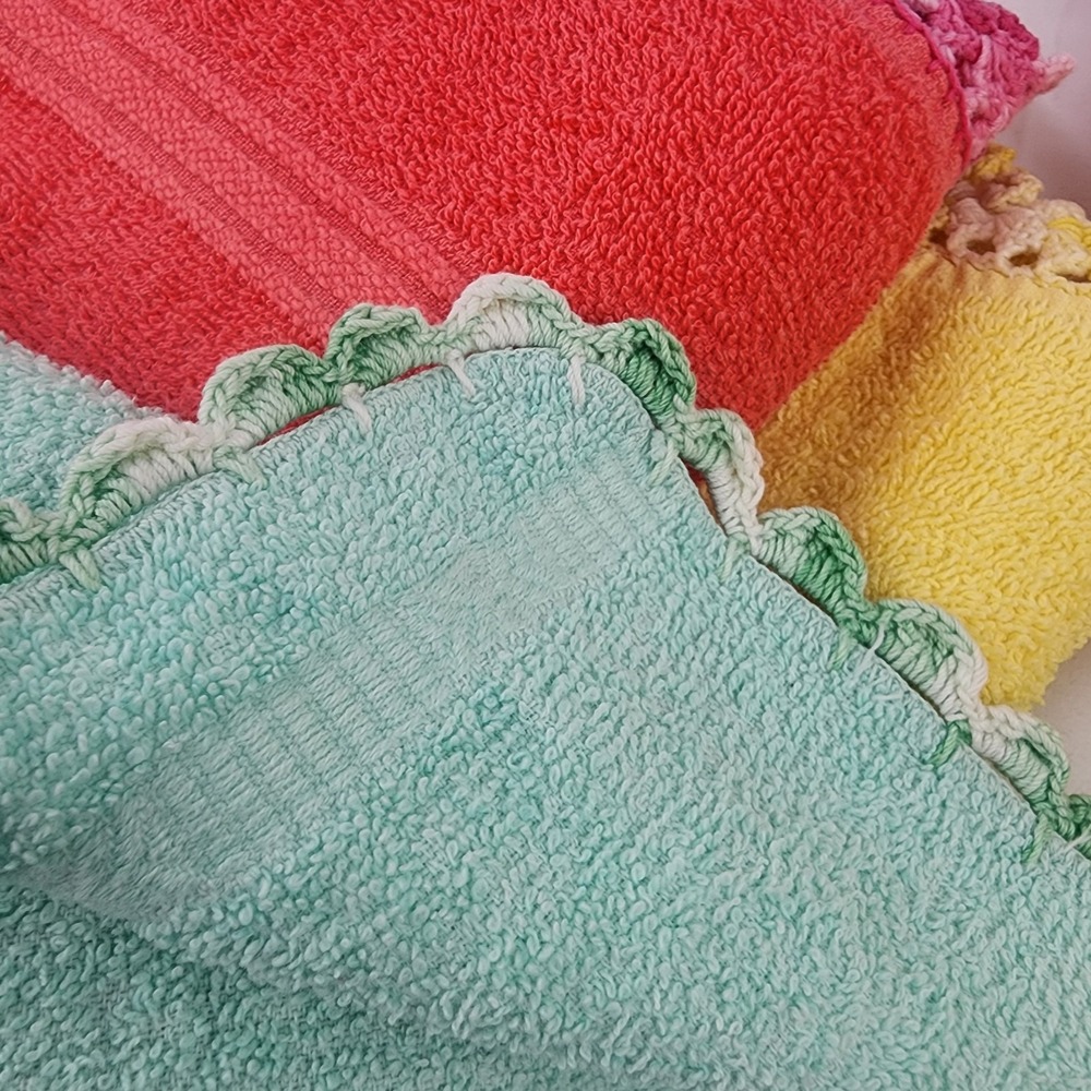 Vtg. Cannon Pink/ Coral Yellow‎ Towels Washcloths Crochet Edge Made USA 3 Extra - Picture 16 of 16